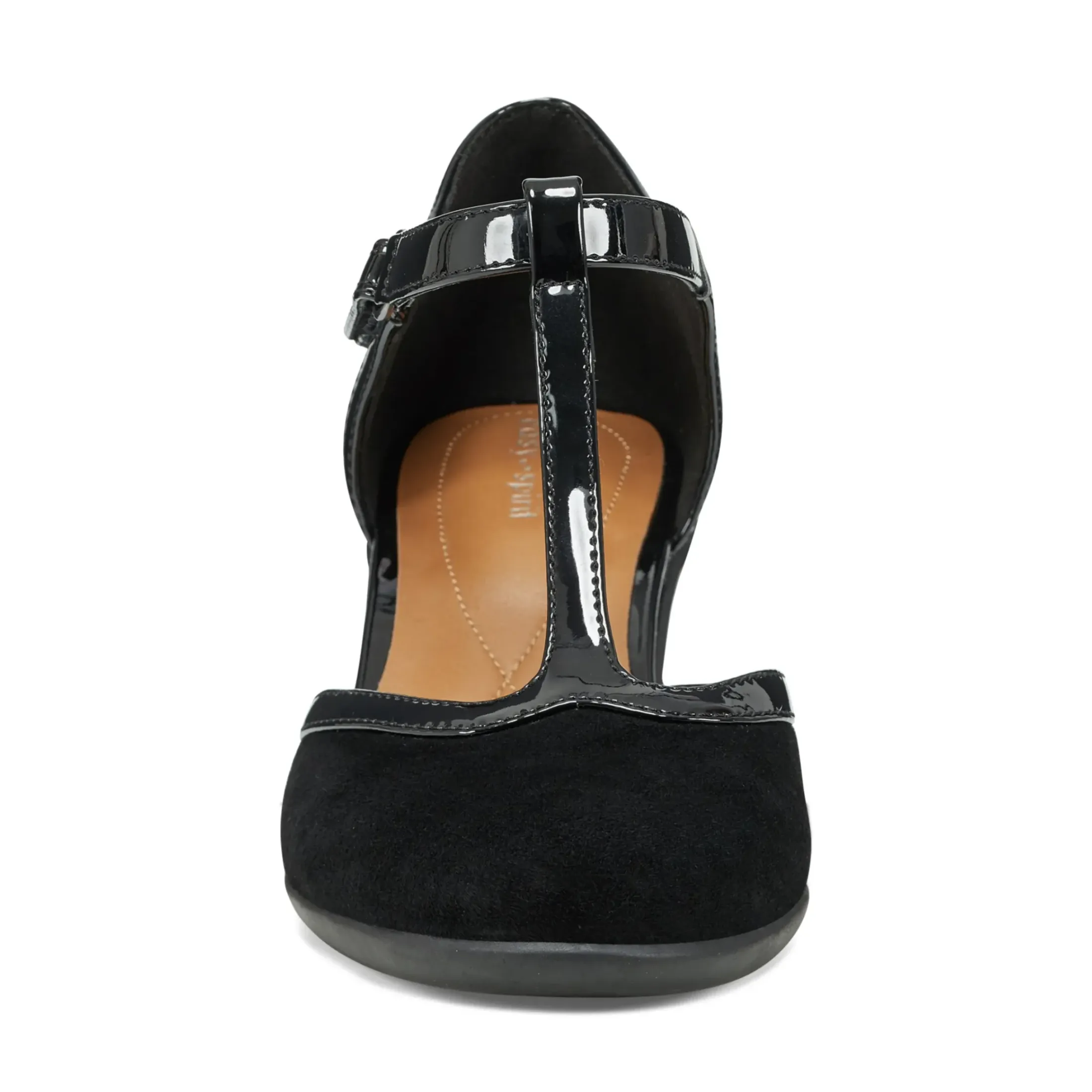 Mid Heels|Pumps>Easy Spirit Cara T-Strap Heels Black Suede