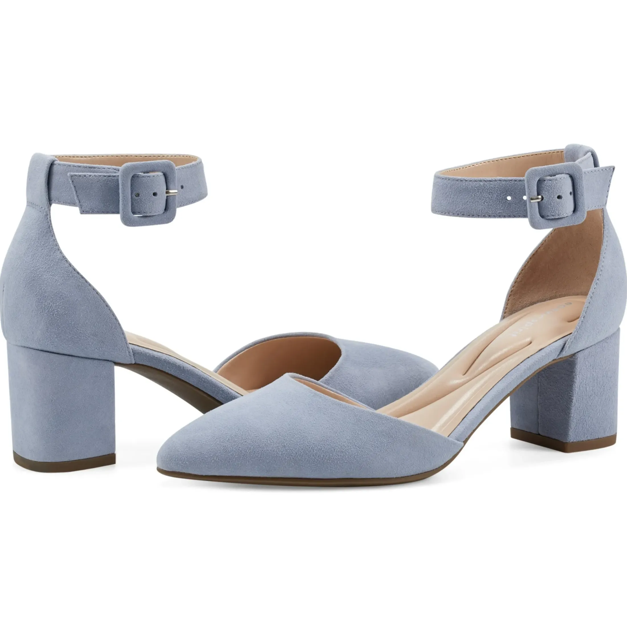 eFlex|eFlex>Easy Spirit Emila Ankle Strap Pumps Light Blue Suede