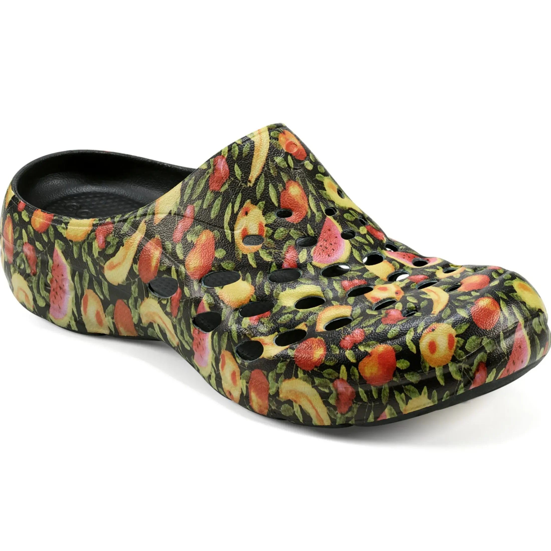 Traveltime Family|Traveltime Clogs>Easy Spirit Travelclog Slip On Mules Black Fruit Print
