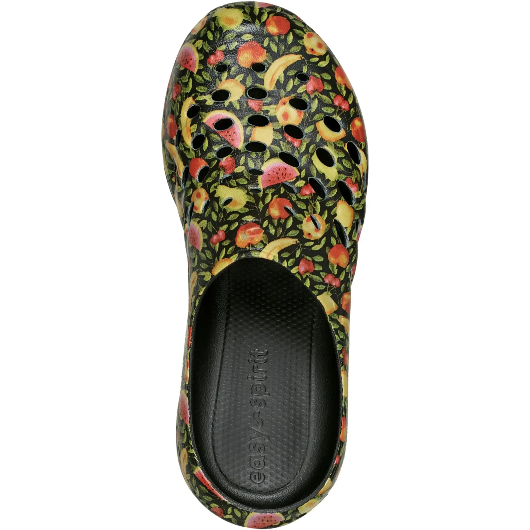 Traveltime Family|Traveltime Clogs>Easy Spirit Travelclog Slip On Mules Black Fruit Print