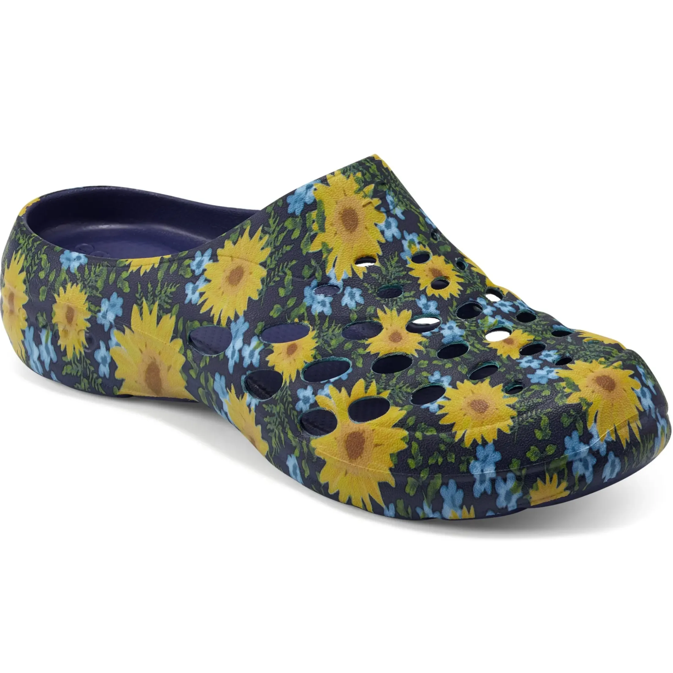 Traveltime Family|Traveltime Clogs>Easy Spirit Travelclog Slip On Mules Blue Multi Sunflower Print