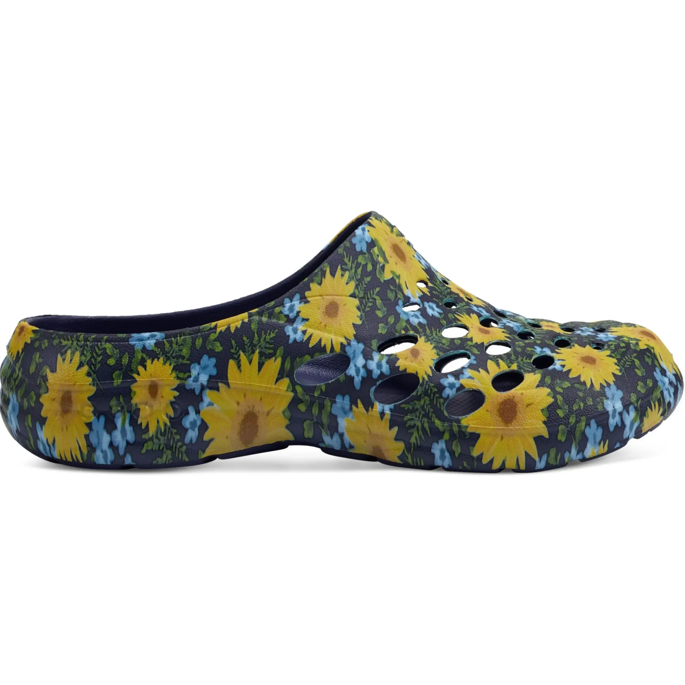Traveltime Family|Traveltime Clogs>Easy Spirit Travelclog Slip On Mules Blue Multi Sunflower Print