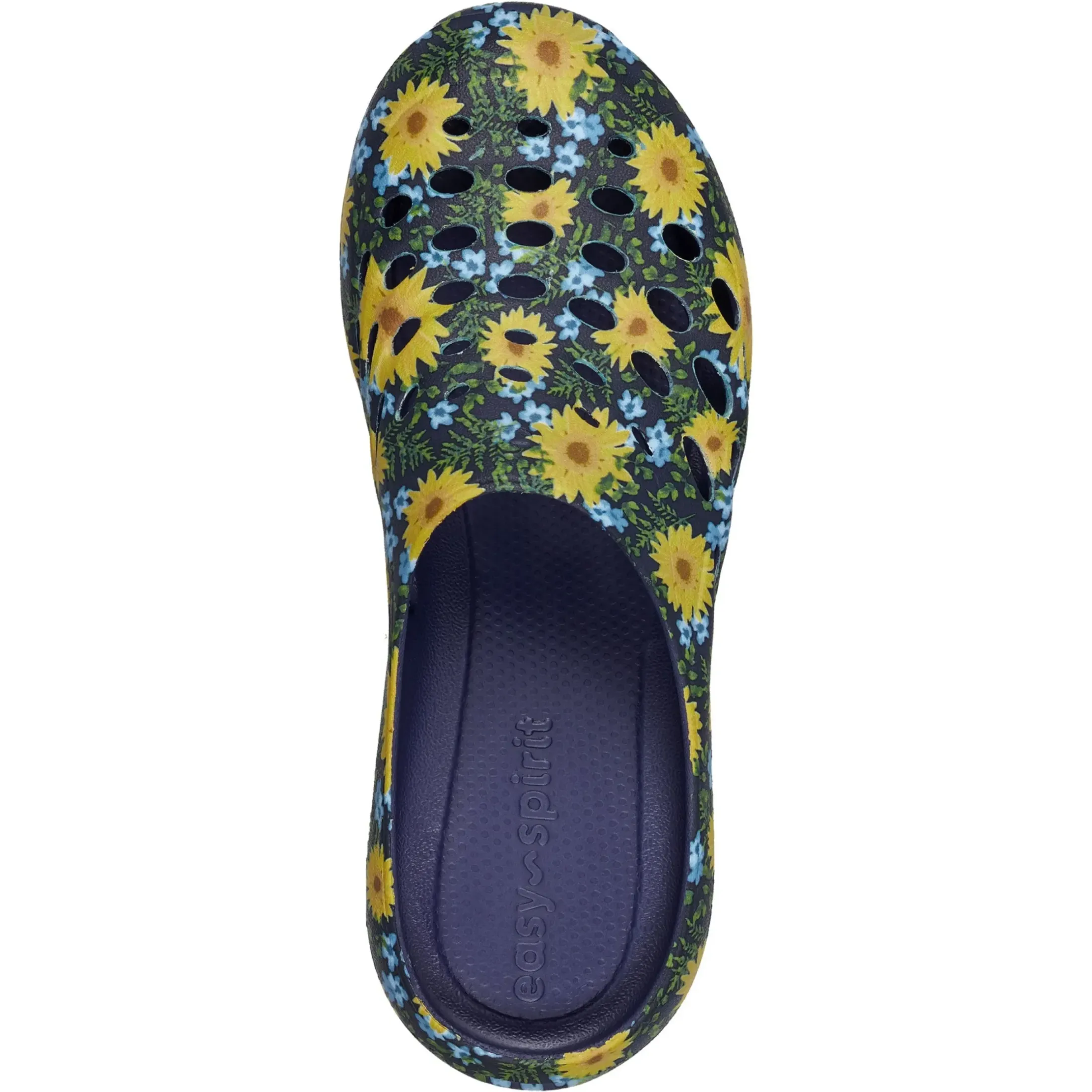 Traveltime Family|Traveltime Clogs>Easy Spirit Travelclog Slip On Mules Blue Multi Sunflower Print