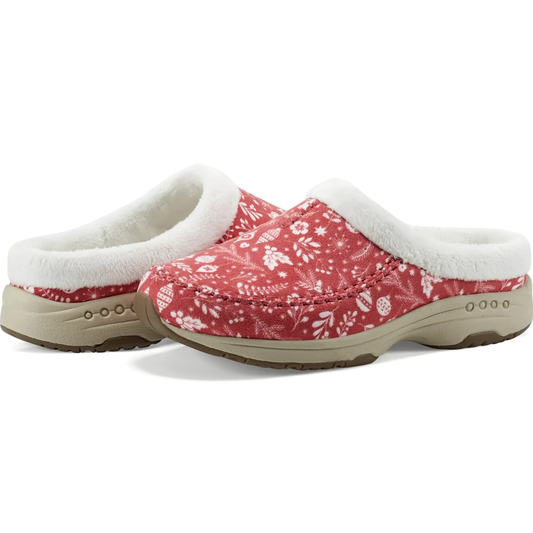 Traveltime Family|Traveltime Clogs>Easy Spirit Travelfurr Clogs Medium Red Holiday Print