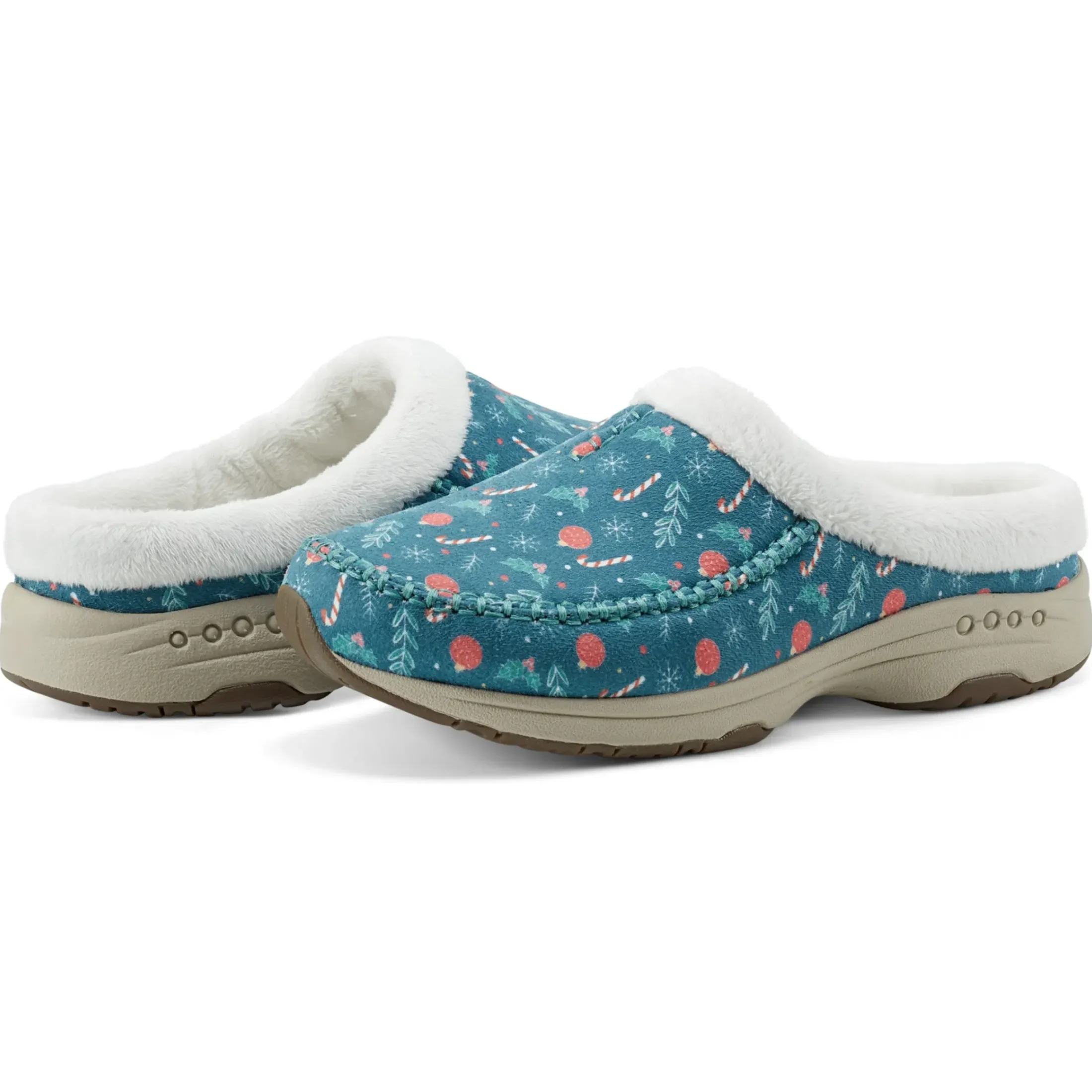 Traveltime Family|Traveltime Clogs>Easy Spirit Travelfurr Clogs Dark Green Holiday Print